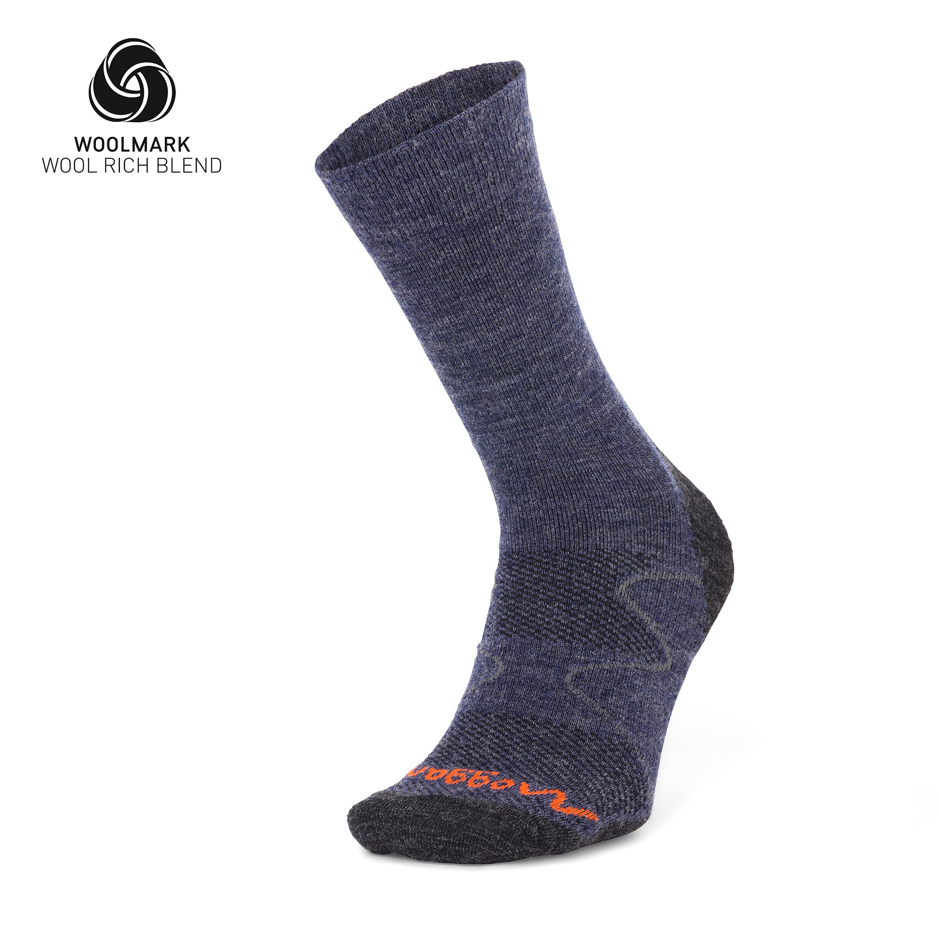 A single Moggans Hiking Midweight Merino Crew Sock in dark blue and gray stands upright on a white background, with the Woolmark logo and "Wool Rich Blend" label. Orange toe stitching adds a touch ideal for outdoor adventure enthusiasts.