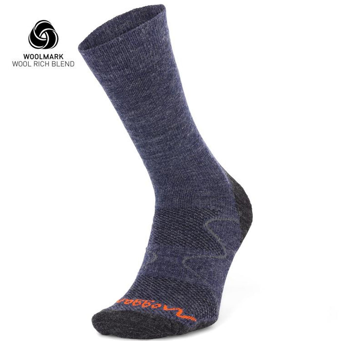 A single Moggans Hiking Midweight Merino Crew Sock in dark blue and gray stands upright on a white background, with the Woolmark logo and "Wool Rich Blend" label. Orange toe stitching adds a touch ideal for outdoor adventure enthusiasts.