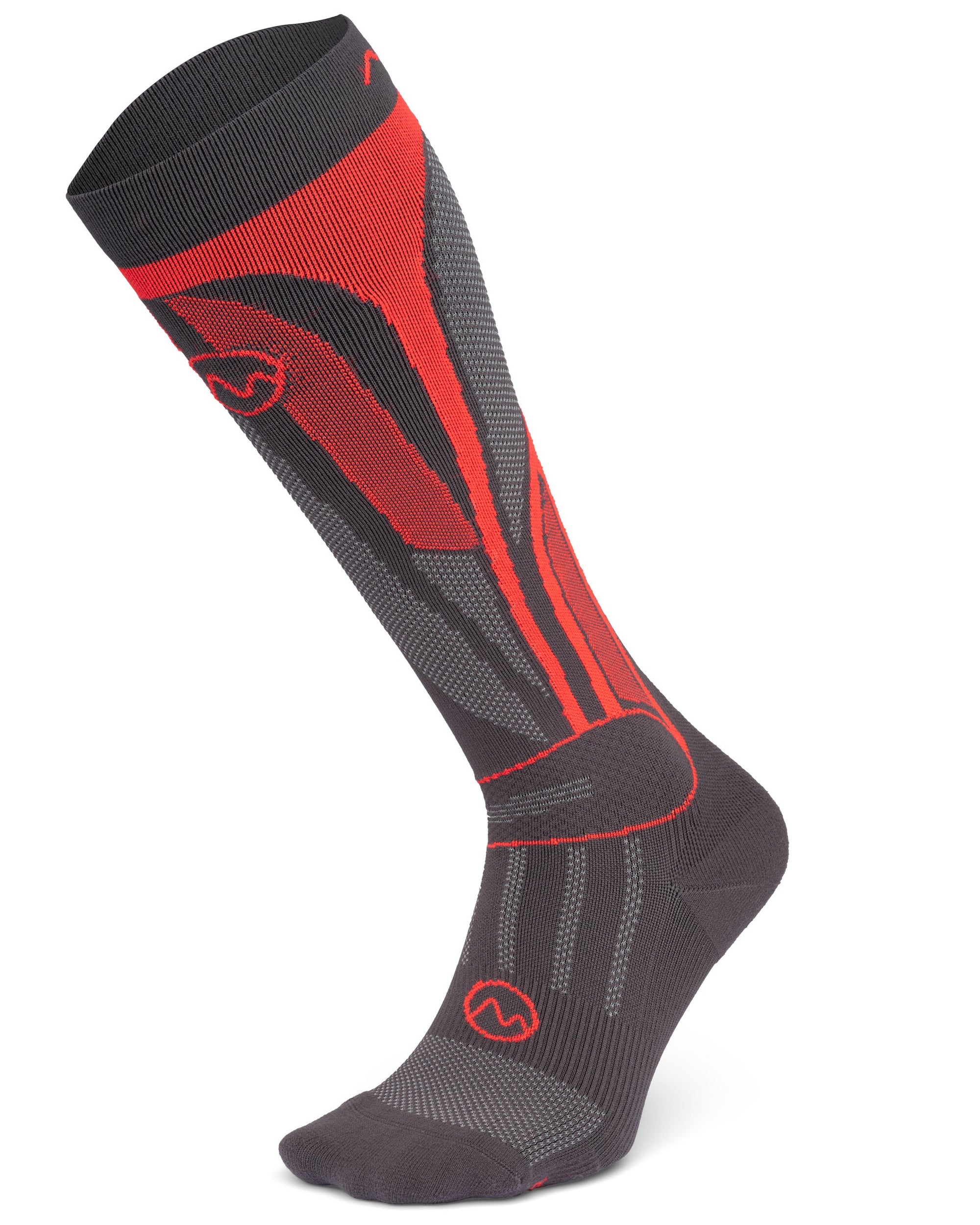 The Moggans High Performance Ski Racing Sock is a single black and red knee-high sock with geometric patterns and circular logos, designed for targeted compression and optimal temperature control, shown upright on a white background.