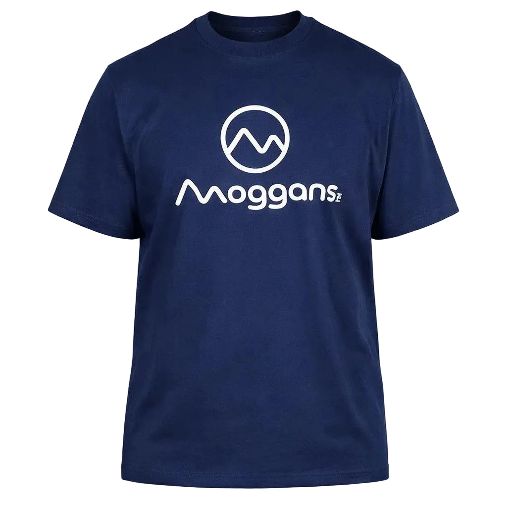 Moggans Cotton Tee featuring the brand’s white circular logo above Moggans on the front. The image focuses on the tee’s distinctive Scottish mountain-inspired style
