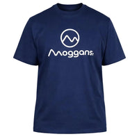 Moggans Cotton Tee featuring the brand’s white circular logo above Moggans on the front. The image focuses on the tee’s distinctive Scottish mountain-inspired style