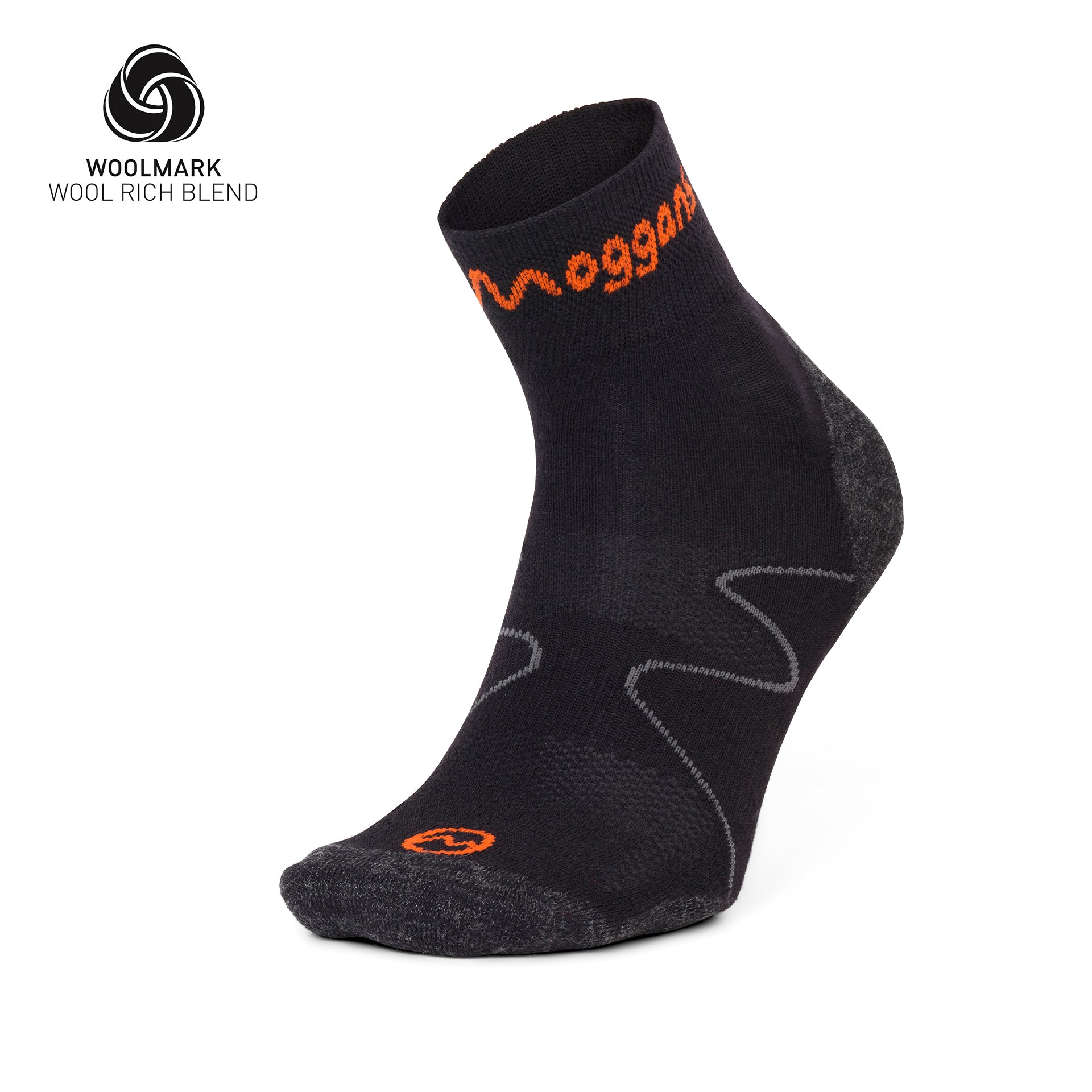 An ultralight Moggans Merino ankle sock with gray accents and orange branding stands upright, while the Woolmark logo and WOOL RICH BLEND text appear in the upper left corner on a white background.