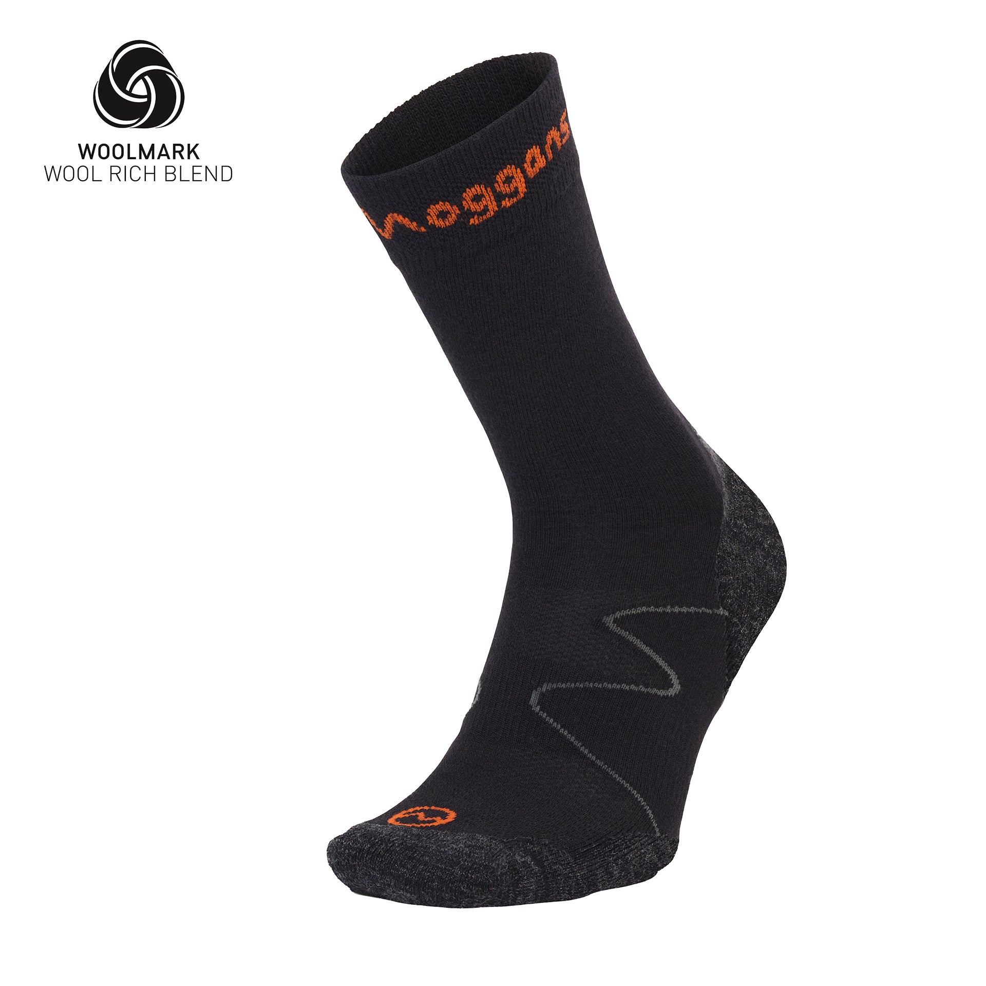 The black Moggans Ultralight Merino Crew Socks feature orange branding, a reinforced heel and toe, and a lightweight Merino Wool blend—ideal for trail runs. The Woolmark Wool Rich Blend logo appears in the top left.