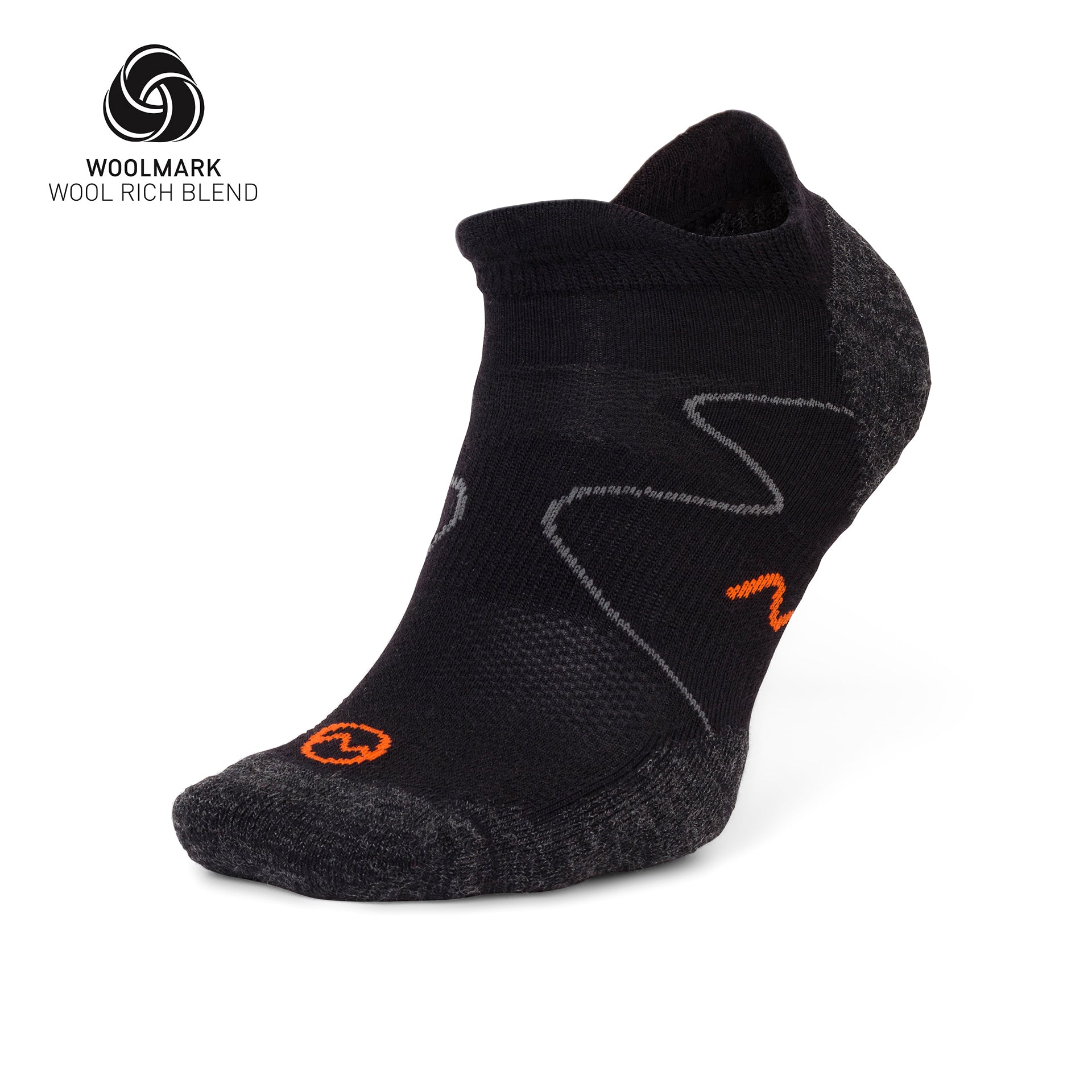 Moggans Ultralight Merino No Show Socks in black with gray accents and an orange zigzag, shown on a white background. Woolmark wool rich blend logo featured top left. Ideal for active lifestyles.