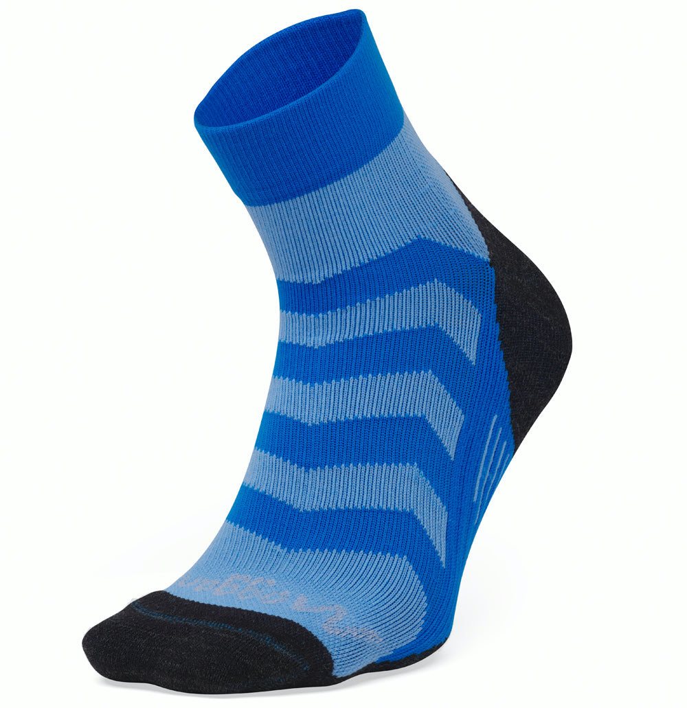 Moggans ultralight speed blue striped sock with black toes and heels on a white background