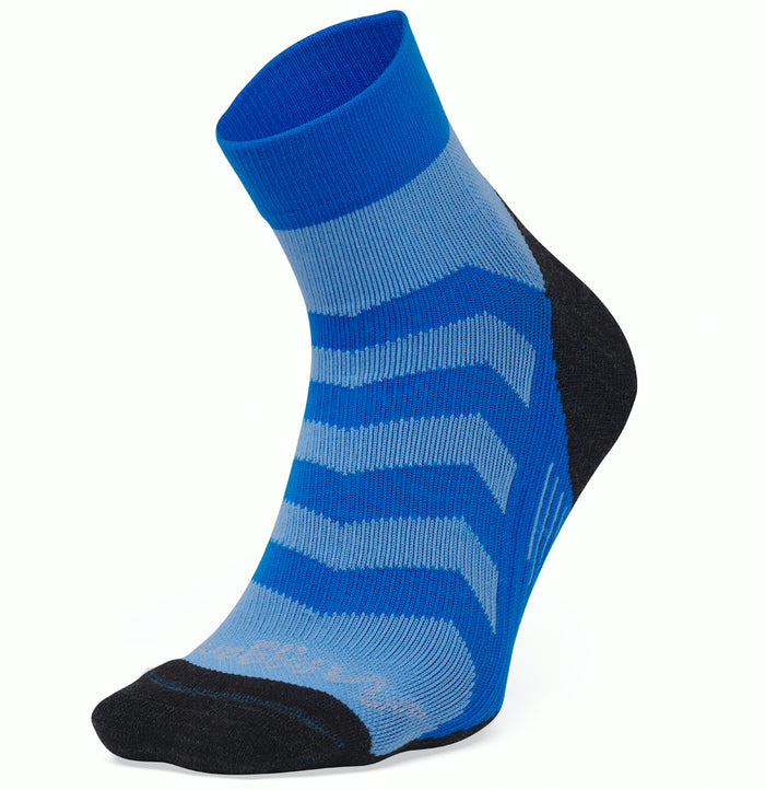 Moggans ultralight speed blue striped sock with black toes and heels on a white background