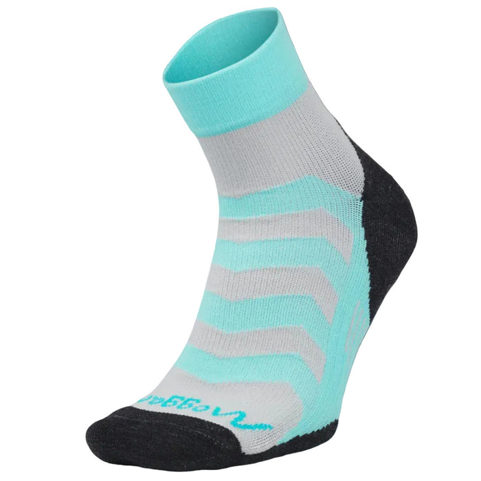 Moggans ultralight speed  Teal and gray sock with black toes on a white background