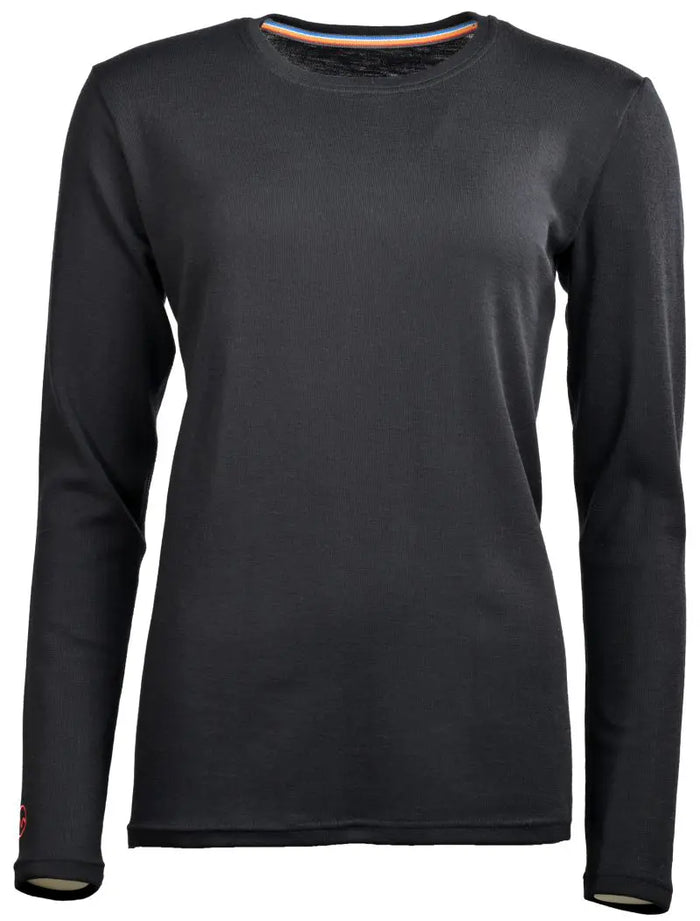 The Women's Moggans 100% Merino Long Sleeve Baselayer is a lightweight, black crew neck baselayer with no visible logos or patterns, offering thermoregulating, moisture-wicking comfort and sustainable performance against a white background.