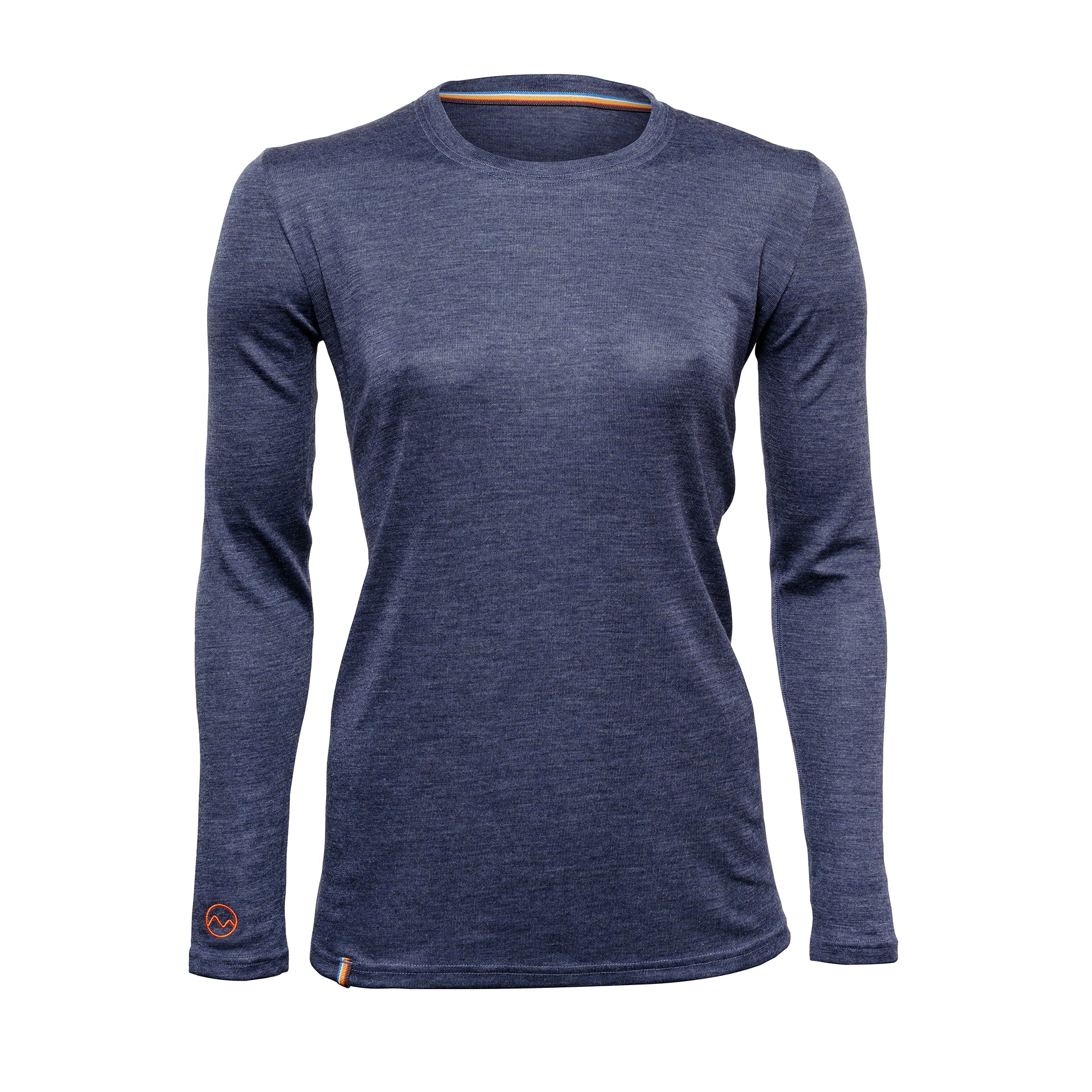 The Moggans Merino Long Sleeve Base Layer with TENCEL™ is a womens specific slim fit, heathered navy crew neck shirt with a small orange logo by the left wrist, made from a sustainable and thermoregulating TENCEL™ Lyocell blend.