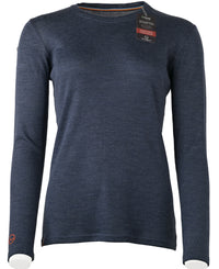The Moggans Merino Long Sleeve Baselayer with TENCEL™ is a womens specific slim fit, heathered navy crew neck shirt with a small orange logo by the left wrist, made from a sustainable and thermoregulating TENCEL™ Lyocell blend.