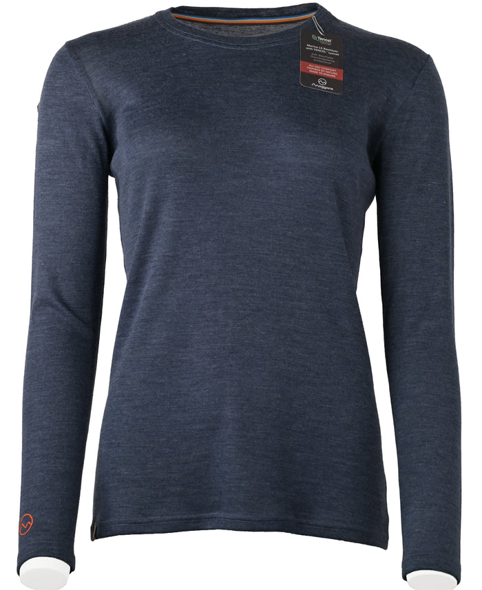The Moggans Merino Long Sleeve Baselayer with TENCEL™ is a womens specific slim fit, heathered navy crew neck shirt with a small orange logo by the left wrist, made from a sustainable and thermoregulating TENCEL™ Lyocell blend.