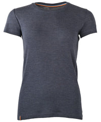 The Women's Moggans Merino Short Sleeve Baselayer with TENCEL™ is a soft, thermoregulating crew-neck T-shirt in dark heather gray, made from lightweight, breathable fabric and shown on a white background.