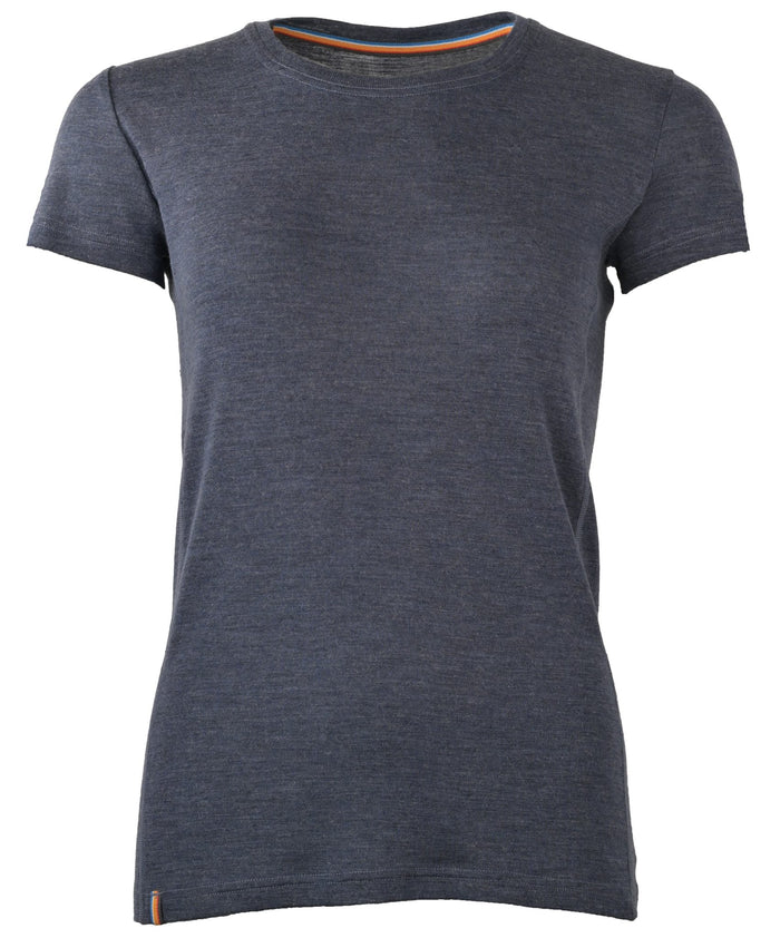 The Women's Moggans Merino Short Sleeve Baselayer with TENCEL™ is a soft, thermoregulating crew-neck T-shirt in dark heather gray, made from lightweight, breathable fabric and shown on a white background.