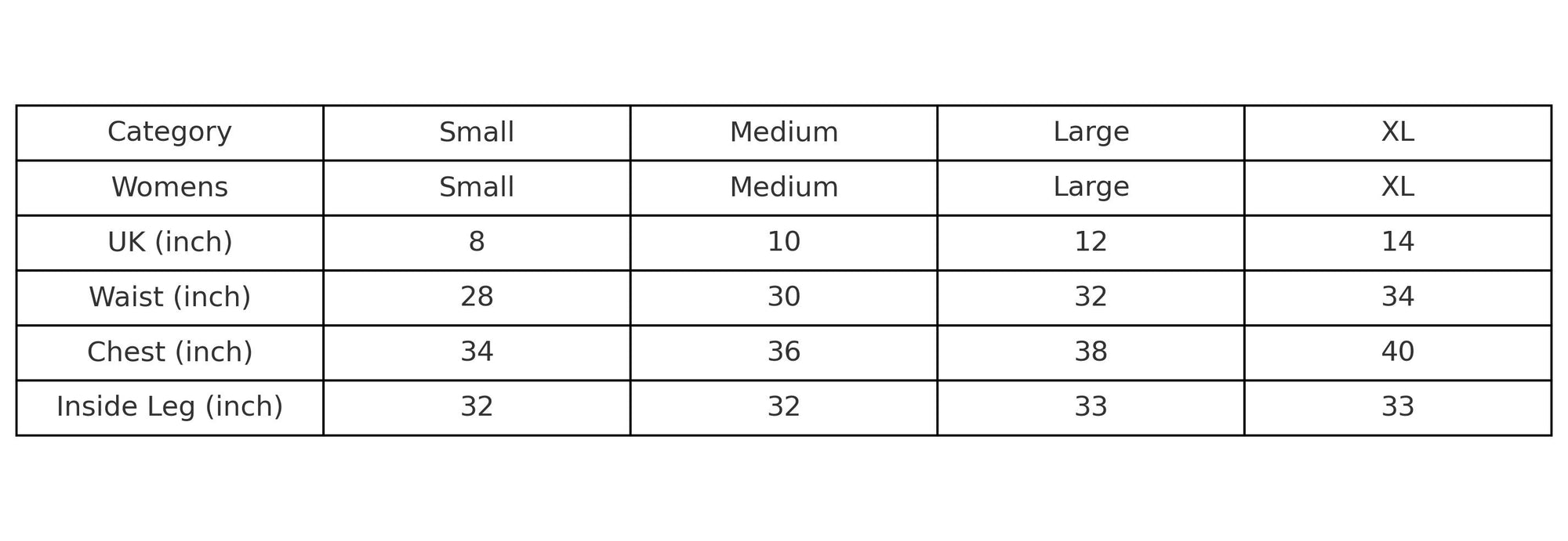 Sizing Chart of Moggans Schiehallion Base Layer and Leggings